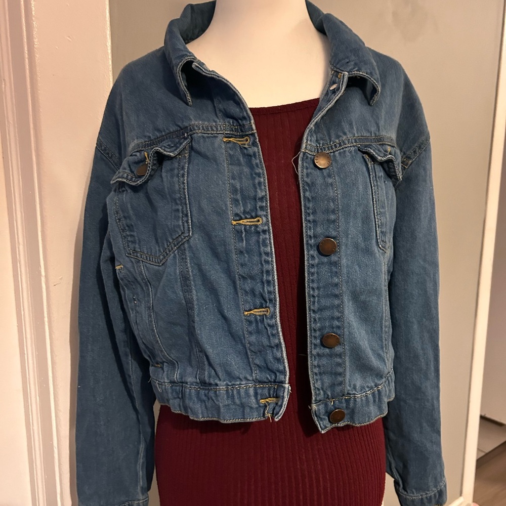 Set of two - denim jacket and burgundy vertical ribbed dress. Both size large.